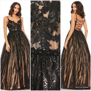 Mac Duggal 67563  Womens Black Floral Applique Tie Back Lace Gown Dress